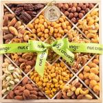 NUT CRAVINGS - Diwali Mixed Nuts Gift Basket in Reusable Diamond Wooden Tray + Green Ribbon (12 Assortments) Food Arrangement, Healthy Snack Care Package, Food Assortments
