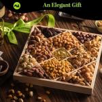 NUT CRAVINGS - Diwali Mixed Nuts Gift Basket in Reusable Diamond Wooden Tray + Green Ribbon (12 Assortments) Food Arrangement, Healthy Snack Care Package, Food Assortments