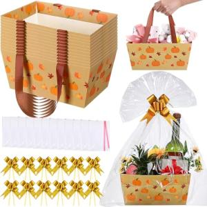Qinyoung 12 Pcs Fall Basket for Gifts Empty 9.8 x 6.5'' Pumpkin Maple Leaves Gift Basket Empty to Fill with Handles, Bows, Plastic Bags and Twist Ties for Autumn Thanksgiving Party Favor Supplies
