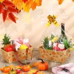 Qinyoung 12 Pcs Fall Basket for Gifts Empty 9.8 x 6.5'' Pumpkin Maple Leaves Gift Basket Empty to Fill with Handles, Bows, Plastic Bags and Twist Ties for Autumn Thanksgiving Party Favor Supplies