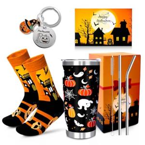 PUPPY GO Halloween Gifts Set, 5PCS Halloween Tumbler Set Includes 20oz Tumbler with Lids and Straw Socks Keychain Thanks Card, Cute Pumpkin Gift for Women