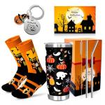 PUPPY GO Halloween Gifts Set, 5PCS Halloween Tumbler Set Includes 20oz Tumbler with Lids and Straw Socks Keychain Thanks Card, Cute Pumpkin Gift for Women