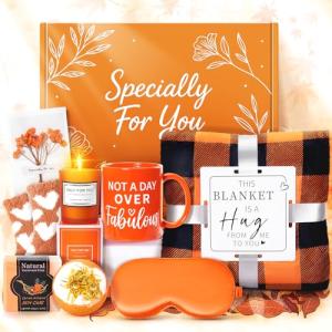 13PCS Fall Gifts Orange Gifts for Women,Thank You Birthday Baskets for Women Wife Mom Sister Friend Girlfriend Teacher Get Well Self Care Package Graduation,Sympathy,Retirement