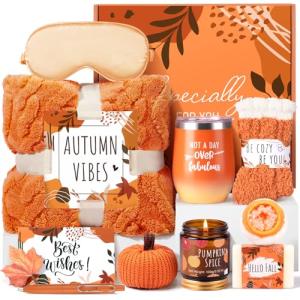 Fall Gifts Basket for Women, Get Well Soon Gifts Baskets for Mom Friend Sister Wife Grandma, Orange Relaxing Spa Gift Set for Birthday, Halloween, Thank You, Graduation, Retirement