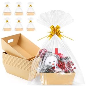 AFOROEOA 10PACK Baskets For Gifts Empty, 10 x 8”Thick Kraft Gift Basket with 10 Clear Gift Bags and 10 Pull Bows, Empty Gift Baskets for Christmas, Thanksgiving Wedding Birthday Party Wrapping Gift