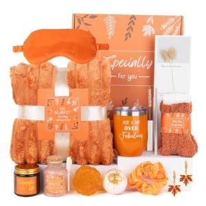 Self Care Package for Women, Orange Get Well Gifts for Women, Fall Gift Baskets for Woman, Thinking of You Self Care Gifts for Woman, Relaxing Birthday Spa Gift Baskets for Mom, Sister, Her, Friend