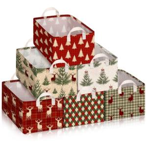 Boao 6 Pack Christmas Storage Bin Collapsible Large Christmas Storage Baskets for Gifts Canvas Laundry Basket Foldable Box with Handle for Office Home Bedroom Clothes