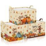 Boao 3 Pcs Fall Pumpkin Storage Basket Maple Leaf Autumn Thanksgiving Gift Basket Farm Harvest Cart Foldable Waterproof Box Organizer Bin with Handles for Nursery Book Shelf Closet Home (Scarecrow)