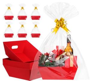 AFOROEOA 10PACK Red Baskets For Gifts Empty, 10x12”Thick Kraft Gift Basket with 10 Bows 10 Bags Empty Gift Baskets for Christmas, Easter, Birthdays, Snacks, Farmers Market