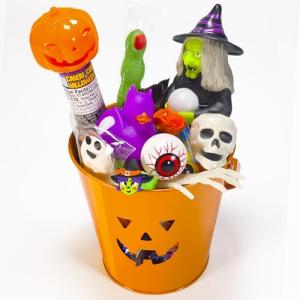 HALLOWEEN PUMPKING BASKET (35) treats, trick or treat, snacks, spooky, variety pack, halloween box, boys, girls, college student, rubber duck, candy box, toys