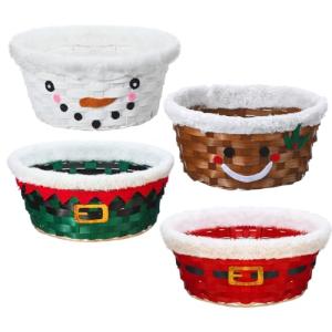 Youyole 4 Pieces Christmas Basket for Gifts Woven Bamboo Xmas Round Gingerbread Basket Small Santa Claus for Christmas Party Supplies Gift Snack Storage