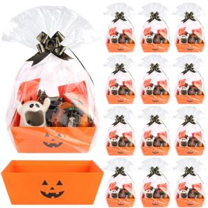 Kolewo4ever 36Pcs 12 Pack Halloween Basket Boo Basket Set 8x10inch Pumpkin Baskets for Gifts Empty to Fill with Baskets Empty Bags Pull Bows for Halloween Holiday
