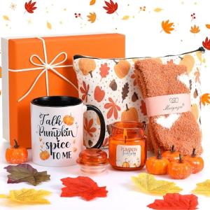 Yetene 10 Pcs Fall Gift Orange Get Well Gift Basket Include Pumpkin Spice Candle Coffee Mug Socks Makeup Bag Hair Tie Mini Artificial Pumpkins Maple Leaves and Box Self Care Birthday Spa Set for Women