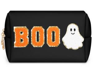 Dripkiaa Halloween Makeup Bag Chenille Patch Travel Cosmetic Bag Organizer Large Capacity Toiletry Bag Make Up Bags Cosmetic Pouch, Boo Basket Gifts for Women, Girls - Black