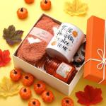 Yetene 10 Pcs Fall Gift Orange Get Well Gift Basket Include Pumpkin Spice Candle Coffee Mug Socks Makeup Bag Hair Tie Mini Artificial Pumpkins Maple Leaves and Box Self Care Birthday Spa Set for Women