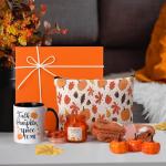 Yetene 10 Pcs Fall Gift Orange Get Well Gift Basket Include Pumpkin Spice Candle Coffee Mug Socks Makeup Bag Hair Tie Mini Artificial Pumpkins Maple Leaves and Box Self Care Birthday Spa Set for Women