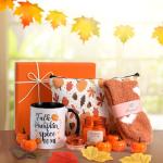 Yetene 10 Pcs Fall Gift Orange Get Well Gift Basket Include Pumpkin Spice Candle Coffee Mug Socks Makeup Bag Hair Tie Mini Artificial Pumpkins Maple Leaves and Box Self Care Birthday Spa Set for Women