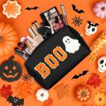 Dripkiaa Halloween Makeup Bag Chenille Patch Travel Cosmetic Bag Organizer Large Capacity Toiletry Bag Make Up Bags Cosmetic Pouch, Boo Basket Gifts for Women, Girls - Black