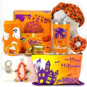 MUOUAKATE Boo Basket Stuffers for Women, 11 PCS Halloween Gifts Basket Items for Adults Teens with Halloween Tumbler with Lid and Straw Sock Keychain Makeup Bag for Sister Friends Family Coworkers
