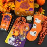 MUOUAKATE Boo Basket Stuffers for Women, 11 PCS Halloween Gifts Basket Items for Adults Teens with Halloween Tumbler with Lid and Straw Sock Keychain Makeup Bag for Sister Friends Family Coworkers