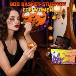 MUOUAKATE Boo Basket Stuffers for Women, 11 PCS Halloween Gifts Basket Items for Adults Teens with Halloween Tumbler with Lid and Straw Sock Keychain Makeup Bag for Sister Friends Family Coworkers