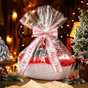 AceOrbit 3 Sets Christmas Gift Basket Empty Wrapping Set, Woven Basket with Gift Bags and Ribbons Durable Baskets for Gifts Empty Bucket with Handles for Storage 12"x 8" x 5"