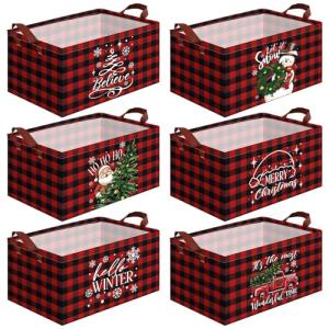 CHENGU 6 Pack Christmas Storage Bin Collapsible Christmas Baskets for Gifts Buffalo Plaid Holiday Decor Large Snowman Basket Foldable Xmas Tree Box with Handle for Bedroom Office Home(Buffalo)