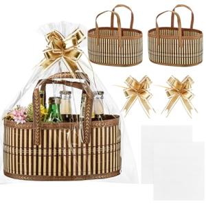 Reallnaive Baskets for Gifts Empty Sturdy Woven Bamboo Gift Basket with Gift Bags and Ribbons for Christmas Thanksgiving Birthday Mothers Day Housewarming Party Gift Wrapping, 12"x 8"x 6"(2 Set)