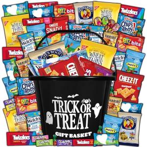 Halloween Basket Gift Care Package - 45 Count Snack Bucket Filled with Assorted Candy, Chocolates & Treats for Trick-or-Treat, Classroom Parties, Office Events & Family Fun - Black