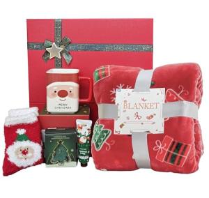 2025 Christmas Gift Set for Women, Holiday Gift Box with Cozy Blanket, Hand Cream, Santa Mug, Scented Candle & Fuzzy Socks, Christmas Gift Basket for Mom, Sister, Best Friend or Coworker