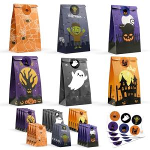 Halloween Treat Bags - 24 PCS Halloween Party Favors,Halloween Goodie Bags with Stickers for Kids | Candy Bags - Trick or Treat Bags,Mini Paper Gift Basket- HALLOWEEN Decorations Party Supplies