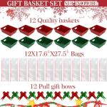 36 Pieces Basket Gift Set:12 Pieces Empty Sturdy Diy Bulk Gift Basket Kraft Market Tray Cardboard Basket 12 Pieces Clear Basket Bags 12 Pieces Cellophane Wrap Ribbon Bows for XmasHoliday Birthday Gift (Christmas Red and Green)