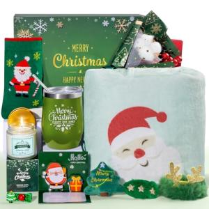 Deriibrico Christmas Basket Gifts for Women 2025, Unique Holiday Cheer Gift for Women with Flannel Blanket and Insulated Tumbler, Merry Christmas Basket Gift for Mom, Wife, Friend, Green