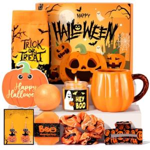 Halloween Gifts for Women, Boo Basket Gifts for Women Teen Girls, Halloween Boo Basket Stuffers for Teens Adults with Pumpkin Mug Spooky Socks and Self Spa Gift for Family Sister Friends