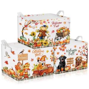 Beeveer 3 Pcs Fall Thanksgiving Gift Baskets Foldable Gnome Pumpkin Storage Bins Autumn Dogs Maple Leaf Scarecrow Cart Fall Collapsible Bins Farm Harvest Storage Baskets for Home Office Clothes Room
