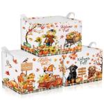 Beeveer 3 Pcs Fall Thanksgiving Gift Baskets Foldable Gnome Pumpkin Storage Bins Autumn Dogs Maple Leaf Scarecrow Cart Fall Collapsible Bins Farm Harvest Storage Baskets for Home Office Clothes Room