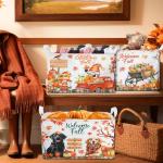 Beeveer 3 Pcs Fall Thanksgiving Gift Baskets Foldable Gnome Pumpkin Storage Bins Autumn Dogs Maple Leaf Scarecrow Cart Fall Collapsible Bins Farm Harvest Storage Baskets for Home Office Clothes Room