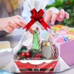 Yeaqee 36 Pcs 12 Pack 12 x 10 inch Christmas Baskets for Gifts Empty Santa Belt Cardboard Baskets Bags Kit Red Pull Bows Wine Basket for Xmas