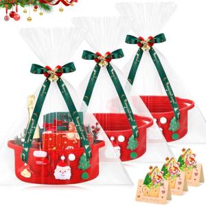 Funnymoom 3 Set Christmas Gift Basket Empty Small Woven Basket with Gift Bag Bow Ribbon Xmas Card 12" x 8" x 5" Cotton Rope Storage Bin with Handle for Christmas Holiday Decoration(Red,Classic)