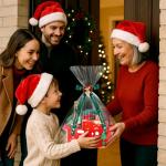 Funnymoom 3 Set Christmas Gift Basket Empty Small Woven Basket with Gift Bag Bow Ribbon Xmas Card 12" x 8" x 5" Cotton Rope Storage Bin with Handle for Christmas Holiday Decoration(Red,Classic)