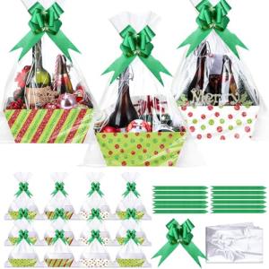 Yeaqee 36 Pcs 12 Pcs 8 x 10 Inches Red Green Christmas Gift Baskets Empty Baskets with Green Bows Ribbons Bulk Dot Swirl Xmas Gift Box for Christmas Holiday Weddings Anniversaries Party Supplies