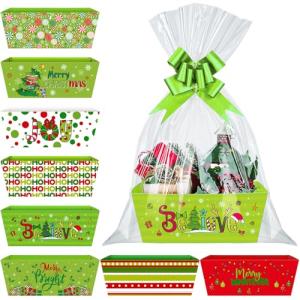 Dispowreath 72 Pcs Christmas Baskets Gift Empty to Fill Kit DIY Green Funny Cartoon Character for Gifts Bulk 24 Market Tray Favor with Handles 24 Clear Basket Bags 24 Bows for Xmas Holiday Birthday