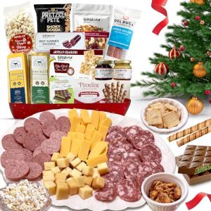 Christmas Gift Basket, Meat and Cheese Gift Baskets for Men and Women - Delicious Condiments with Dubai Chocolate, Charcuterie Food Gift Basket, Christmas Food Gifts in Christmas Gift Box (12-item Bundle)