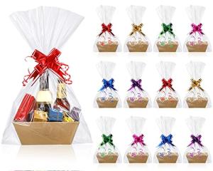 Canlierr 50 Pcs Empty Gift Basket Set 12 Pcs Basket for Gifts Empty Kraft Market Tray with Handles, 18 Bags, and 20 Multicolor Bows for Christmas Wedding Birthday (8 x 6 x 3 Inches)