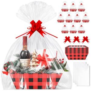 AFOROEOA 10PACK Christmas Gift Baskets Empty, Baskets For Gifts Empty 10x12”Thick Gifts Basket with 10 Bows 10 Bags Gift Basket for Christmas Xmas Wedding Birthdays Party Wrapping （Red Plaid）