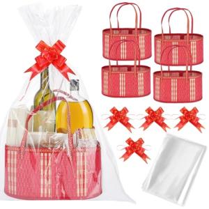 MADHOLLY Bamboo Woven Baskets for Gifts Empty - 4 Set Foldable Sturdy Gift Basket Kit for Wrapping with Handle Cellophane Wrap Pull Bows, for Christmas Thanksgiving Housewarming Birthday Baby Shower