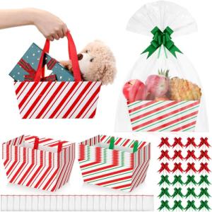 24 Pcs Christmas Baskets - Empty Gift Basket Kit with 24 Plastic Bags and 24 Pull Bows - DIY Gift Packages - 9.8 x 6.5 x 4.3 Inch Cardboard Basket for Xmas & Birthday (Red Green, Stripe Style)