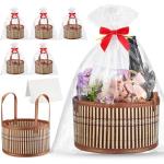Weysat 6 Set Baskets for Gifts Empty Christmas DIY Bulk Large Woven Bamboo Gift Basket Kit with Handle Wrap Bag Red Bow to Fill for Xmas Wedding Birthdays Party Wrapping (Brown)