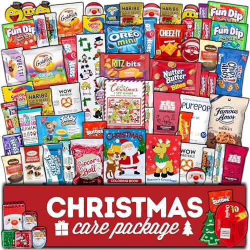 Christmas Care Package (65 Count) Candy Snacks Cookies Bars Chips Holiday Stocking Stuffer Variety Gift Box Pack Assortment Basket Bundle Mix Santa Treats College Students Office Kids Boys Girls