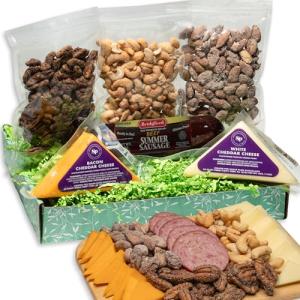 Sausage, Cheese and Nuts Gift Basket for Men, Women, Cashews, Almonds, Maple Pecans, 2 Cheeses, Summer Sausage - Birthday Gift for Men, Women, Family, Friends, Charcuterie